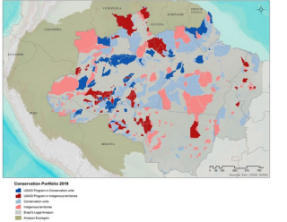Mapa da Amazônia onde iniciativas da USAID estão presentes